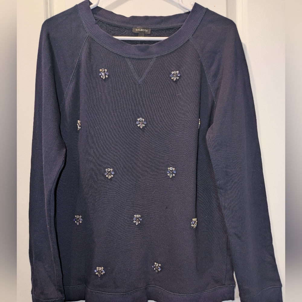 Talbots Navy Jewel Embellished Sweatshirt Medium Beaded Holiday Top